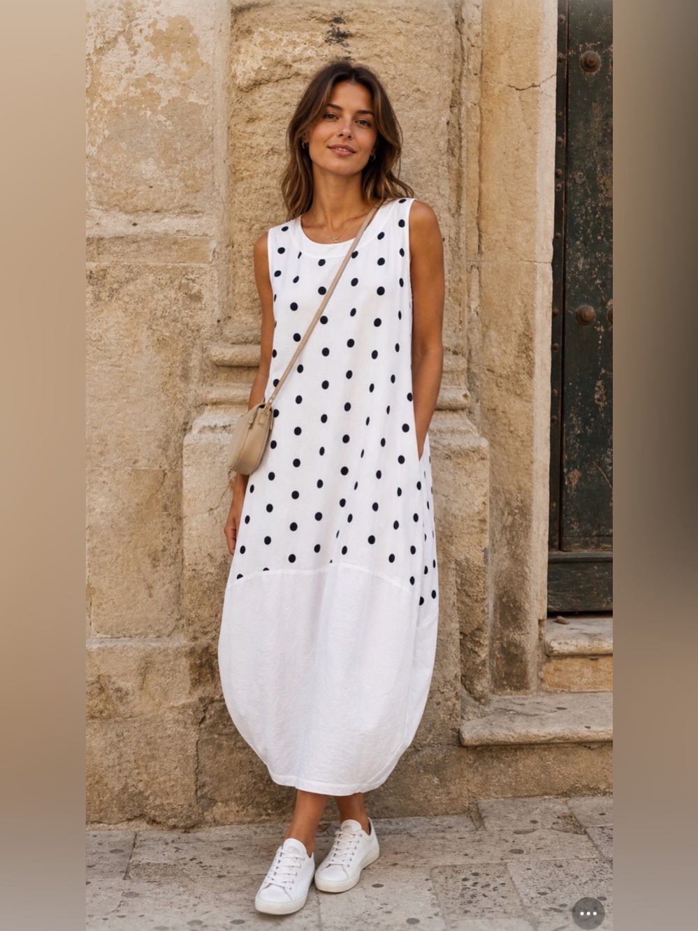 White Un Coeur en Été 100% Linen Polka Dot Sleeveless Cocoon Dress Made in Italy